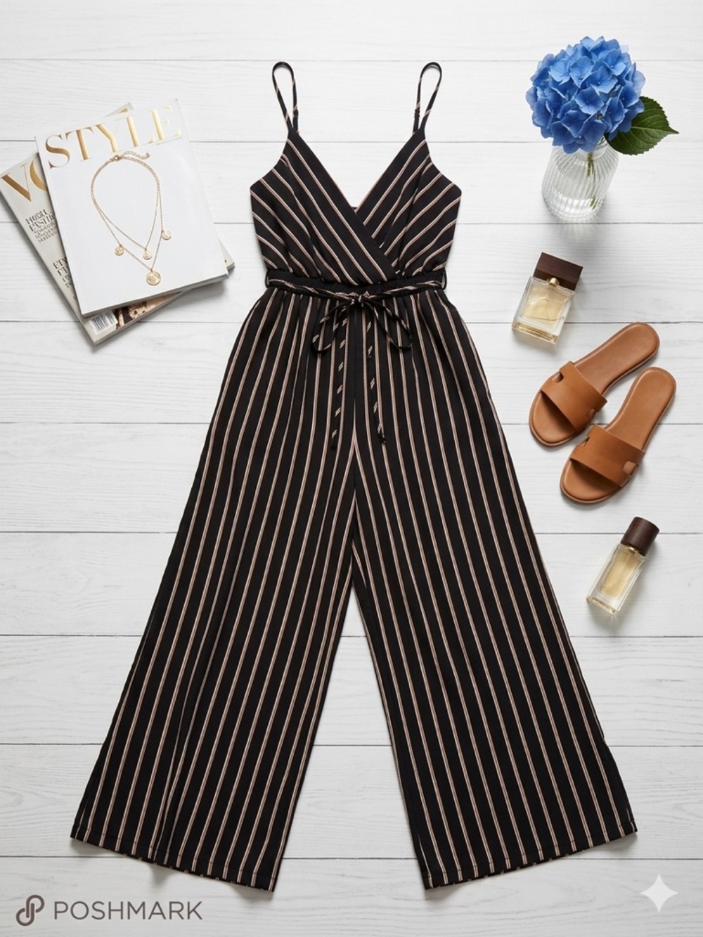 hello miss Black Jumpsuit with White Pinstripes and Tie Waist